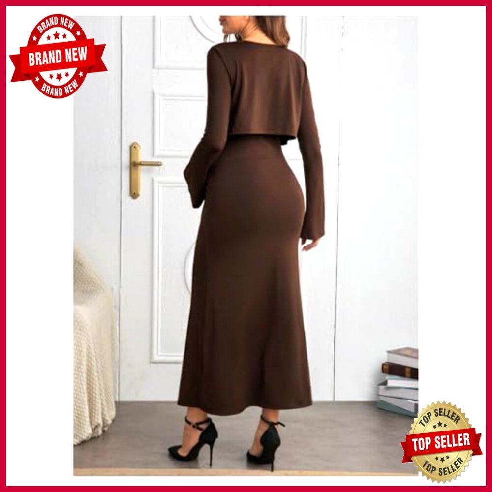 Maternity 2 Piece Set Long Sleeve Cropped Cardigan Bodycon Cami Dress - Picture 3 of 5